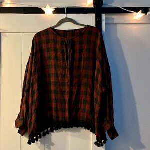 Zara Red and Black Checkered Blouse with Tassel Hem (S)